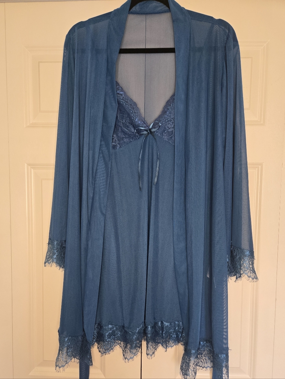 Blue Lace Trim Sheer Robe & Chemise Set Size L (No Tag) Lingerie Nightgown